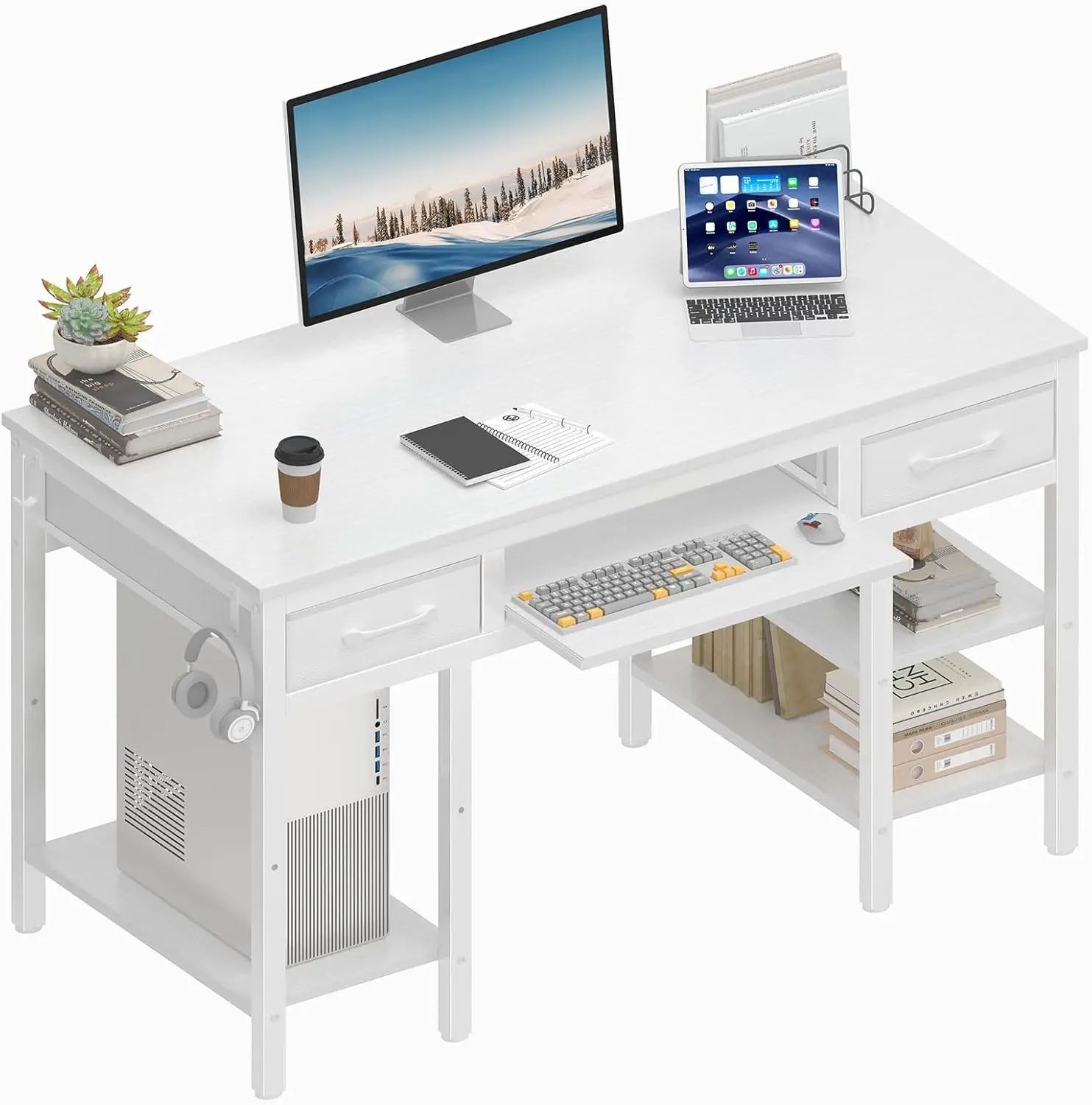 White Desk with Keyboard Tray Slide Out, 47 Inch Home Office Computer Desks with Fabric Drawers & Storage Shelves