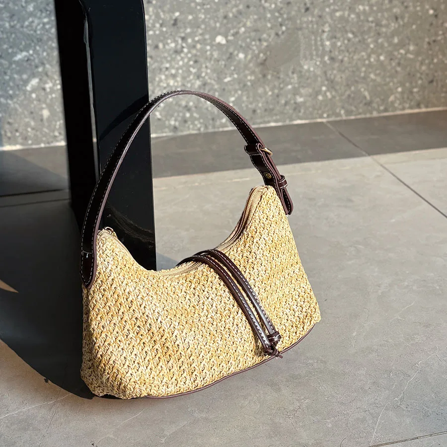 Vintage Woven Underarm Bag Splicing Straw Brown Leather Slack Atmosphere Commuter Vacation Shoulder Tote Bag - view 2