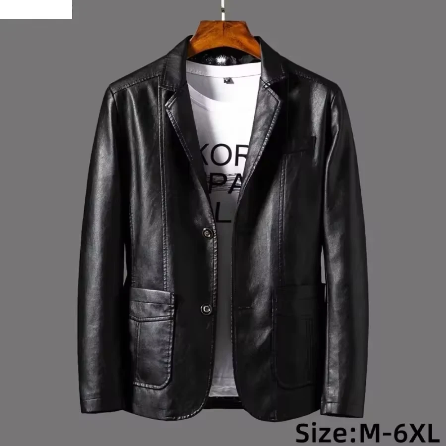 

New Leather Men's Business Casual Lapel PU Leather Blazers Fashion Solid Slim Korean Style Leather Coat Big Size 6XL