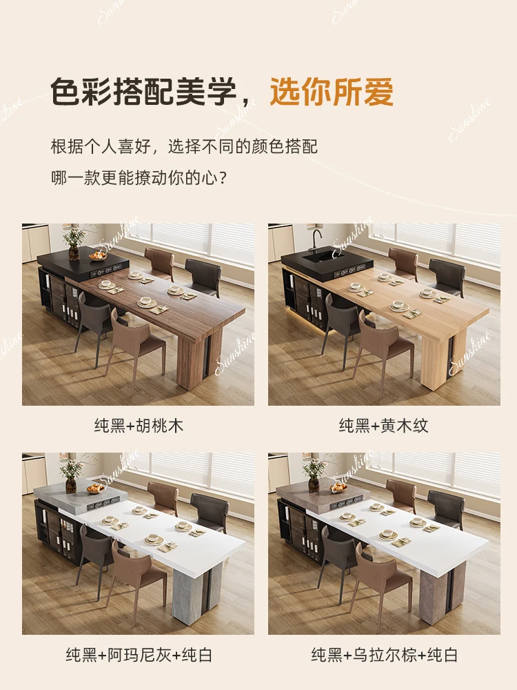 Rock slab island dining table integrated household retractable small apartment kitchen mobile guide table