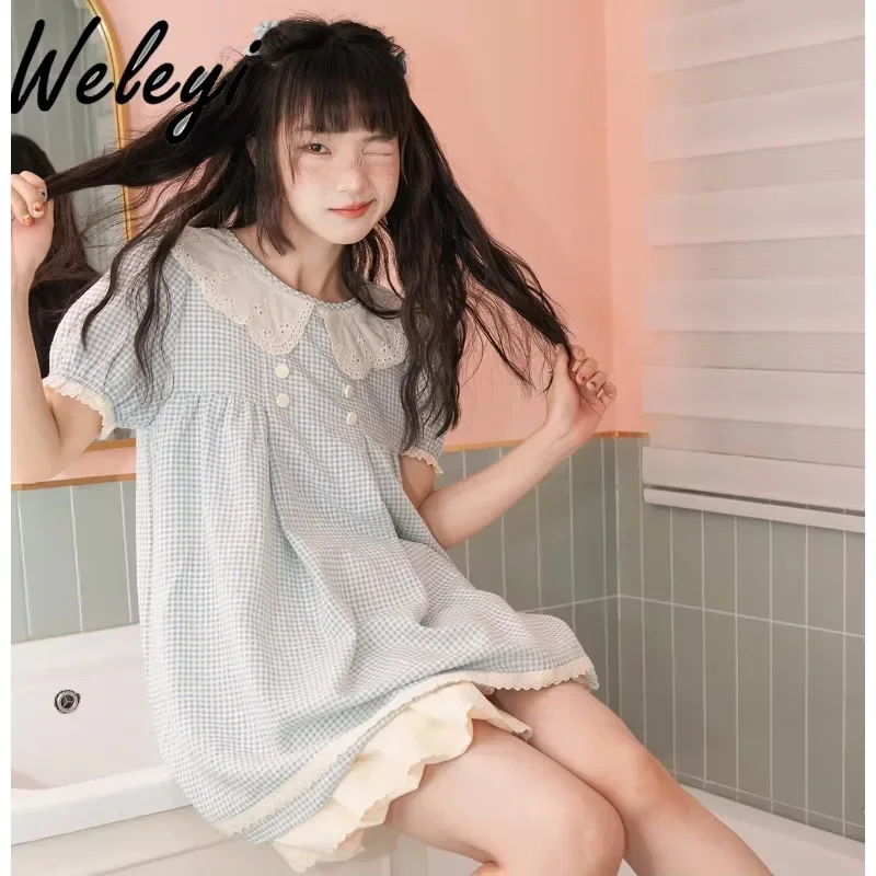 Cute Japanese Sweet Doll Collar Plaid Dress Female 2024 Summer New Kawaii Girl Loose Short Puff Sleeve Princess Short Dresses