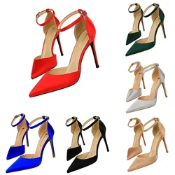 Women 8cm 10cm High Heels Classic Wedding Bridal Sandals Lady Silk Ankle Strappy Low Heels Red Blue Sexy Prom Stiletto Sandles