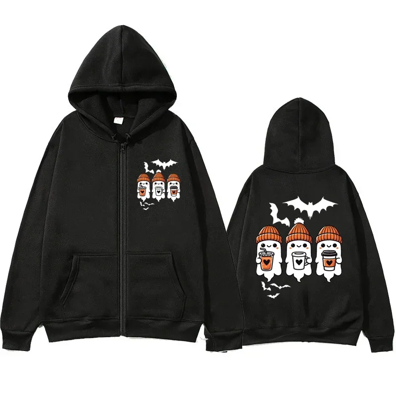 

Cute Boo Halloween Spooky Season Hoodies for Women Zip Up Hooded Sweatshirts Print Oversized Pullover Zipper Jackets