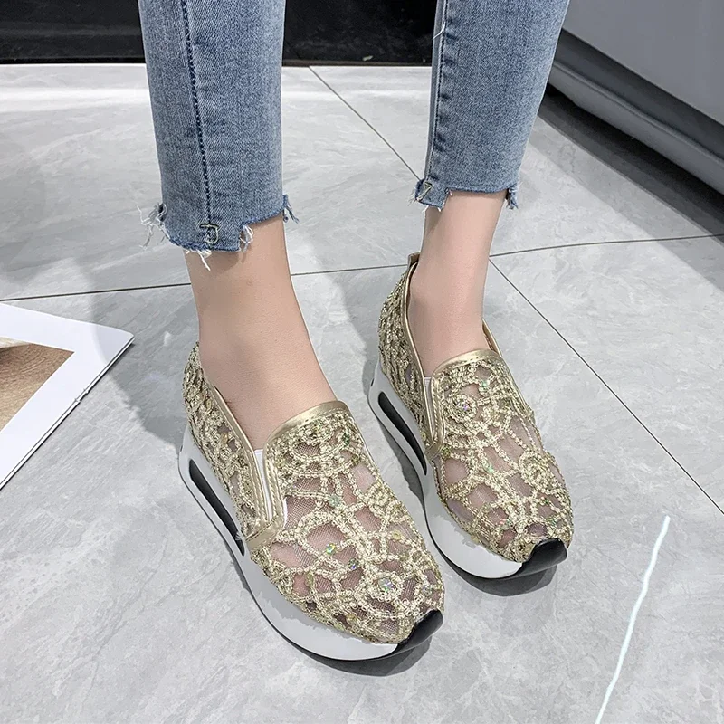 Sepatu Wedges kasual wanita, sepatu Wedges wanita, sneaker jala bordir Motif bunga, sepatu kasual nyaman untuk wanita