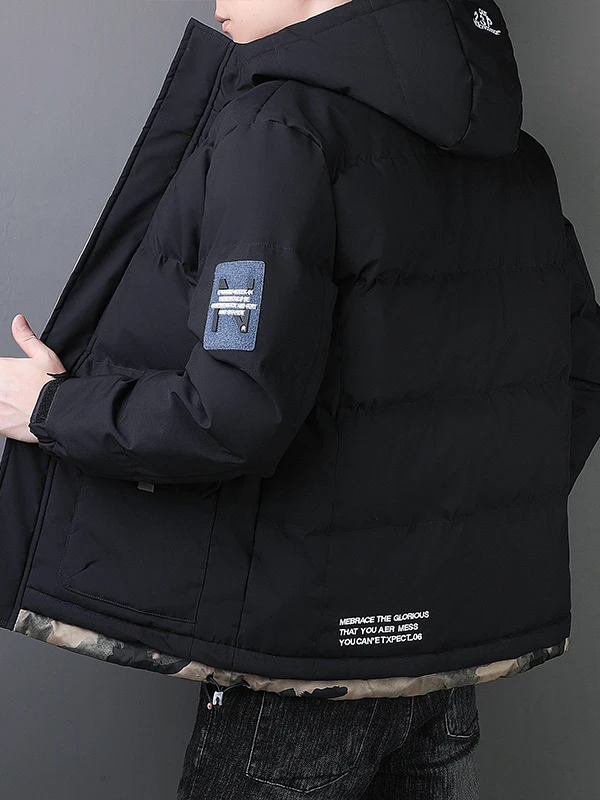 

Men's Winter Thiened Fce Lined Cotton Jaet Casual Bread Sle Warm Outerwear Polyester Fiber Stand Fit Hooded Zipper