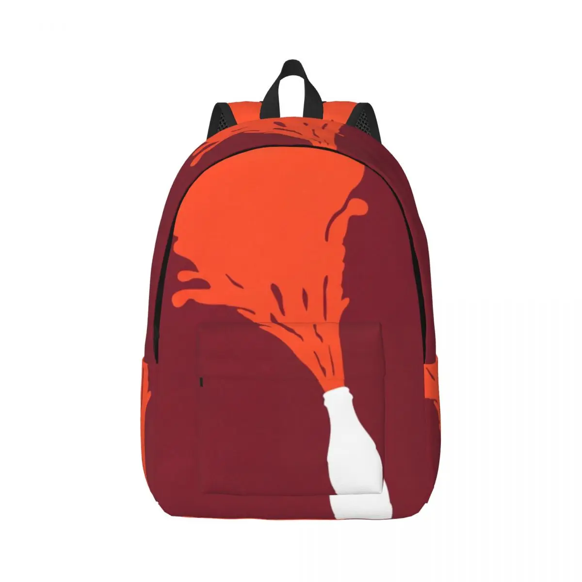 Compact Everyday Backpack Center Exploding Bottle Modern Graphic Maroon Orange White Small Printed Bookbag for School Shopping