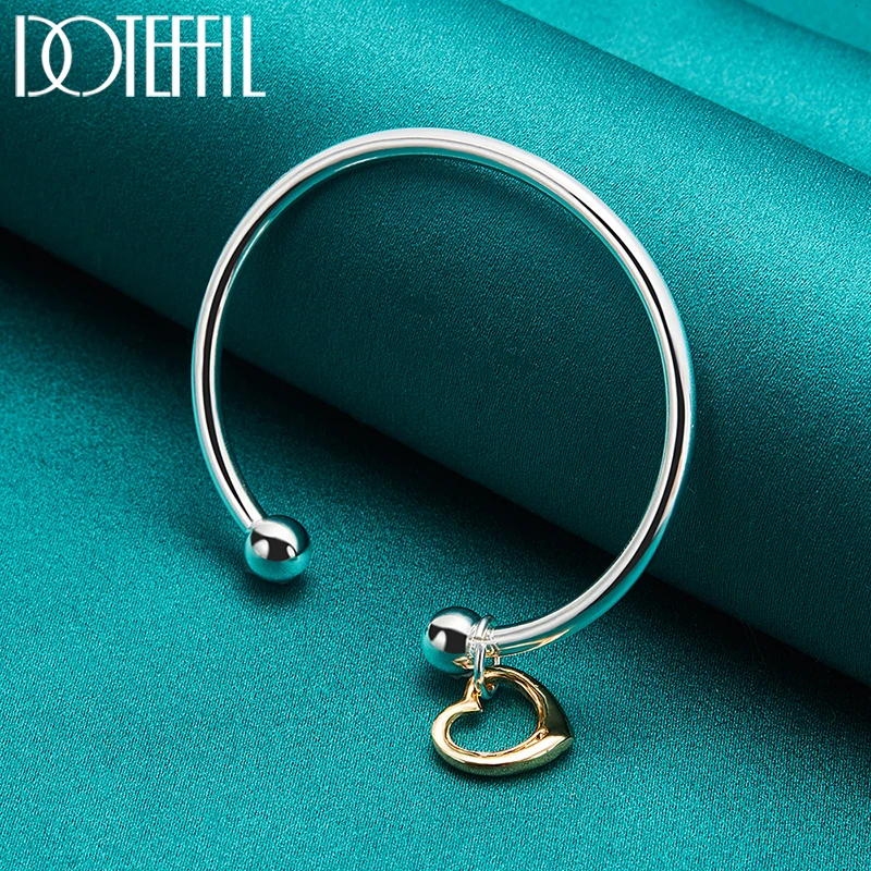 DOTEFFIL 925 Sterling Silver Gold Heart Cuff Bangle Bracelet For Man Woman Wedding Engagement Fashion Charm Party Jewelry