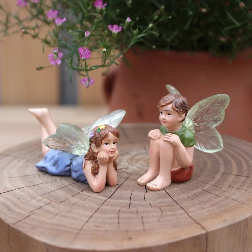 2pcs/set Boy Girl Fairy Garden Fairy Statue Resin Craft Courtyard Terrarium Miniature Fairy Figurine Creative Garden Accessories