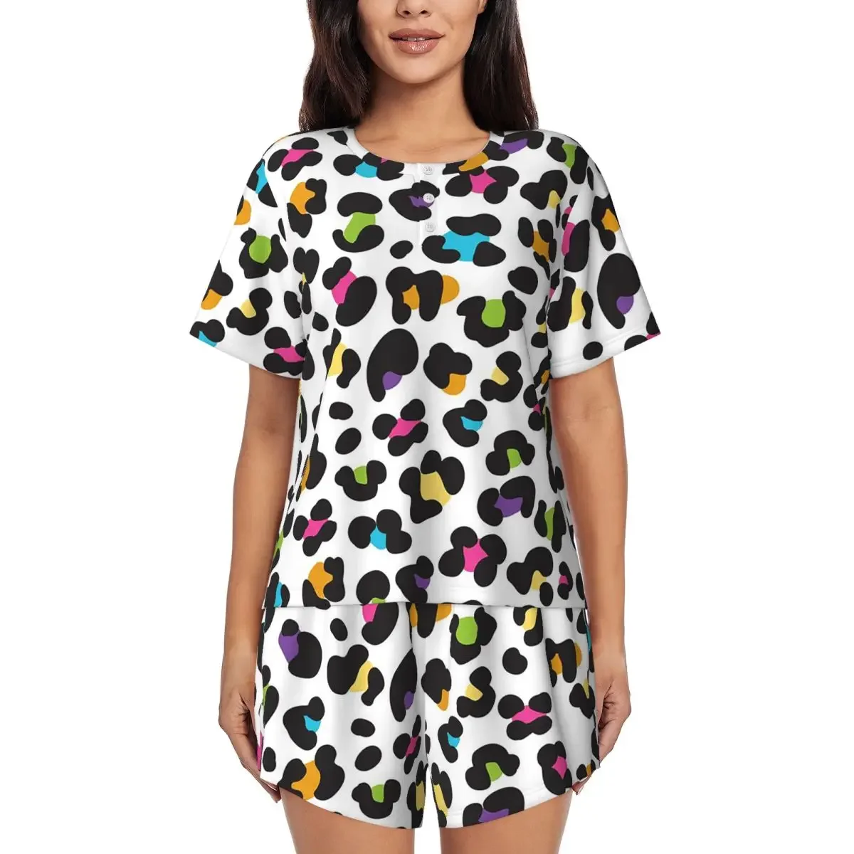 

Orange Leopard Round Neck Short Sleeve Nightgowns for Sleeping Sleepshirts Women Loose Pajama Set Short Pants