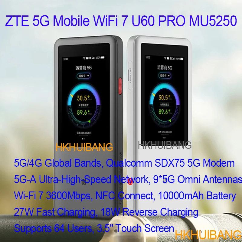 New ZTE U60 Pro MU5250 5G Pocket WiFi Router 5G-A Qualcomm SDX75 WiFi 7 BE3600 Mobiel Hotspot Unlocked 5G MiFi Support Lock Band