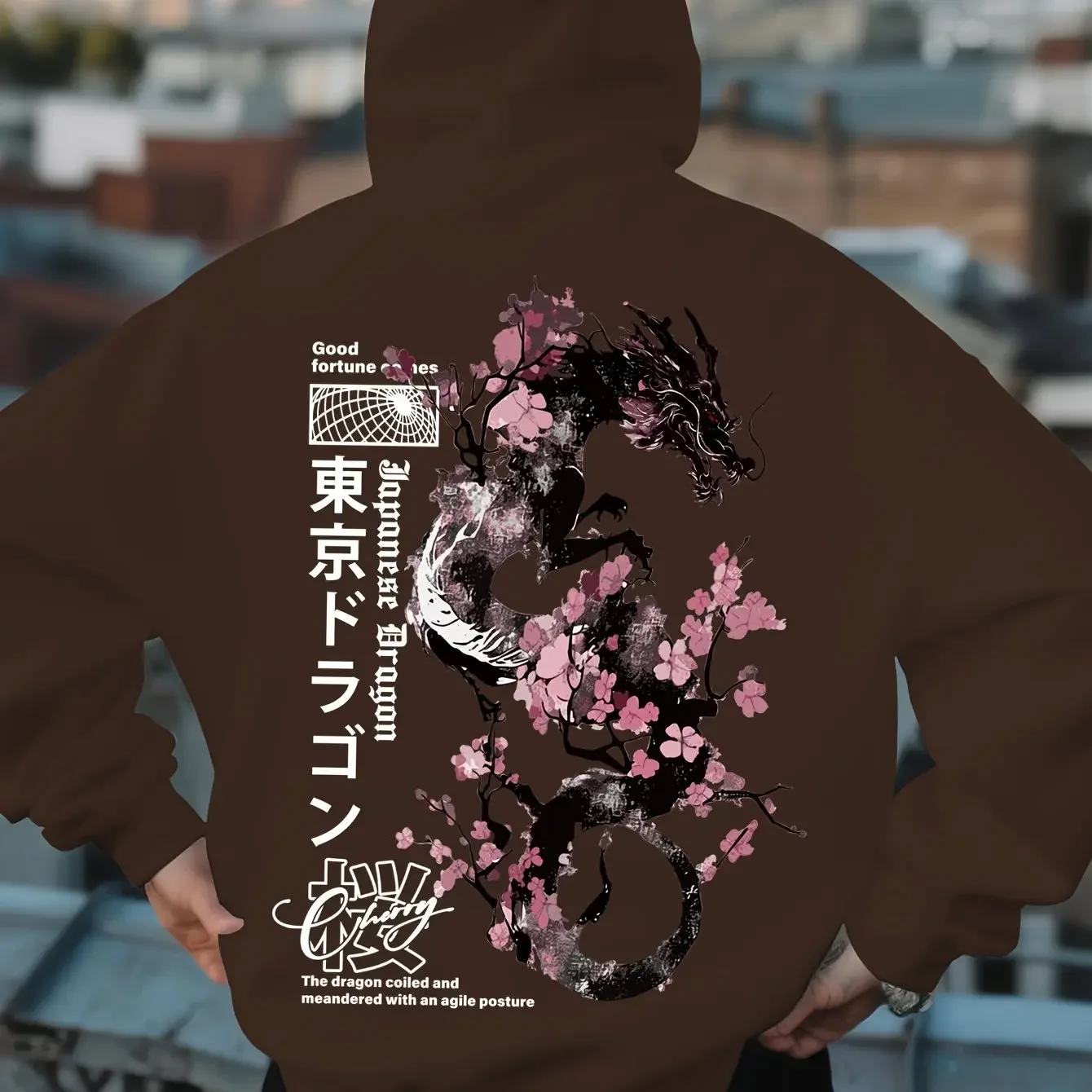 Vintage Distressed Ink Wash Japanese Dragon Sakura Cherry Blossom Tokyo Vertical Text Back Print Hoodie Unisex Loose Fit