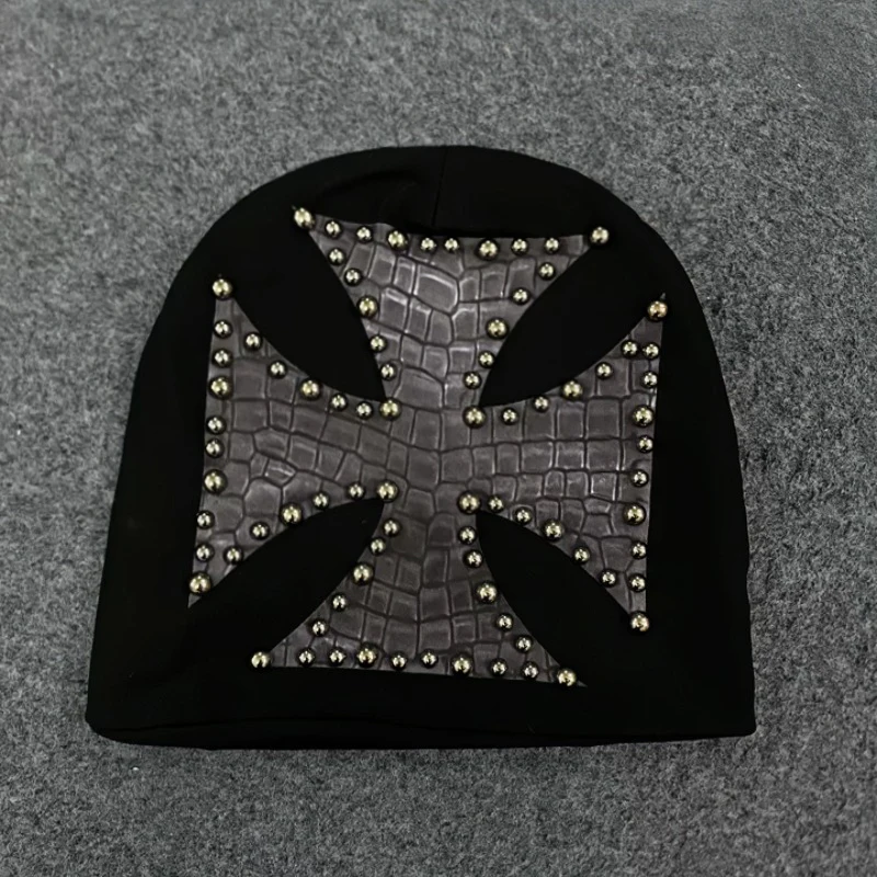 Y2K Punk Croc-Embossed Cross Studded Knit Beanie, Black Streetwear Winter Warm Skull Cap for Men Women