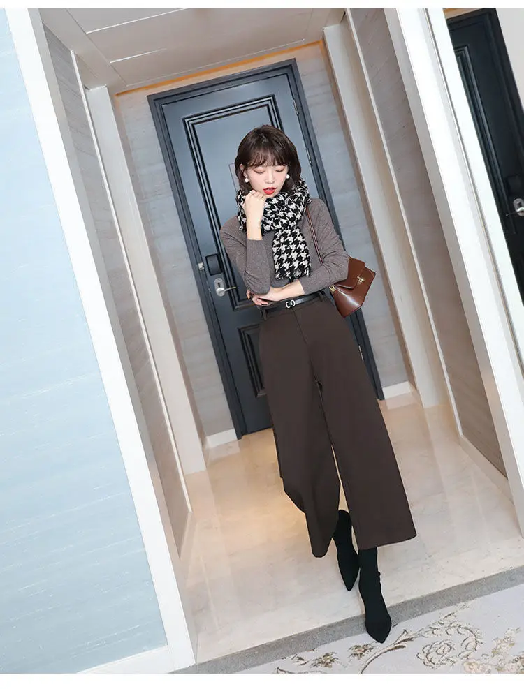 Wool Temperament BootPants Women's Autumn and Winter Wide-LegPants Slimming High WaistStraightCroppedPants CasualPants with Belt
