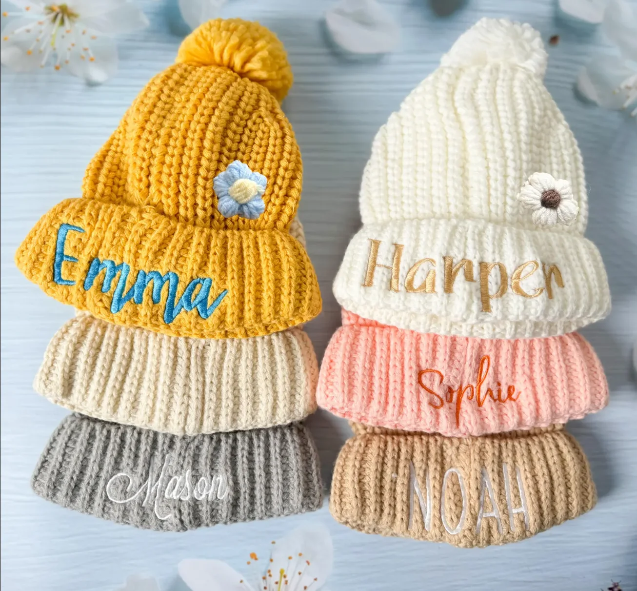 

Personalized Baby Beanie Hats, Custom name Embroidered Knit Pompom Beanie with Name infants Toddlers Girls Boys Christmas Gift