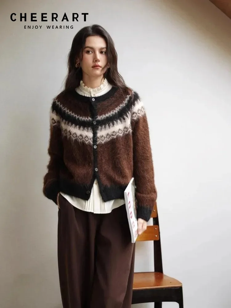 CHEERART-cárdigans marrones peludos de Fair Isle nórdico para mujer, suéter con botones, prendas de punto, suéter cálido Vintage para invierno, abrigo 2025