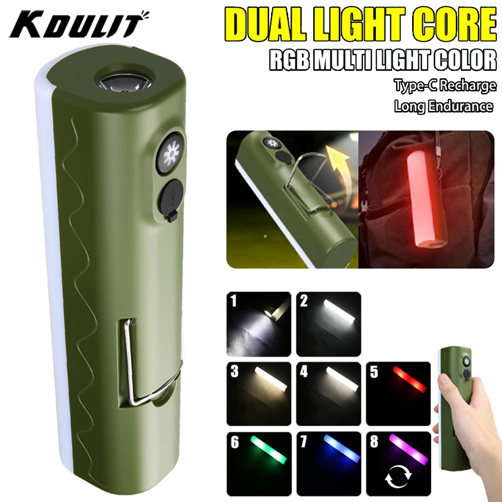 

Светодиодный фонарик KDULIT, перезаряжаемый через USB-ліхтарик с двойным источником света, 7 режимов освещения, лампа с крючком для кемпинга, рыбалки на открытом воздухе