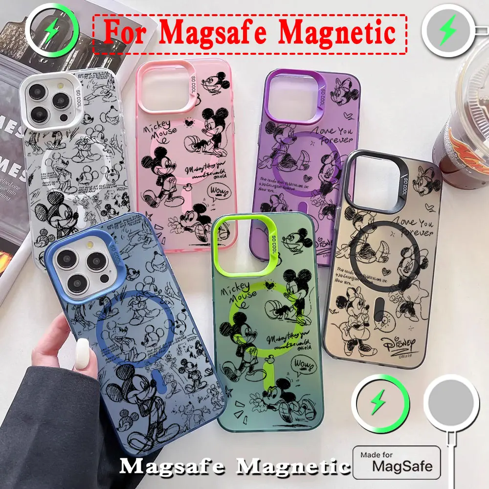 Black Fashion Mickey Minnie Magsafe Magnetic Case for Samsung S25 S24 S23 S22 S21 S20 FE Plus Ultra 5G Soft Silver Plated Cover