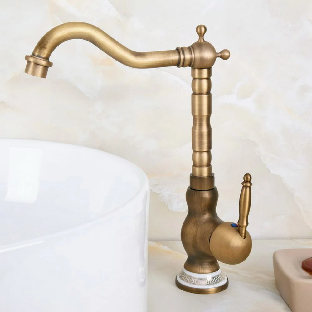 Rubinetti per lavabo in ottone antico Miscelatore per lavabo da bagno Montaggio su piano Maniglia singola Rubinetto per bagno monoforo Ottone caldo e Col Lnf611