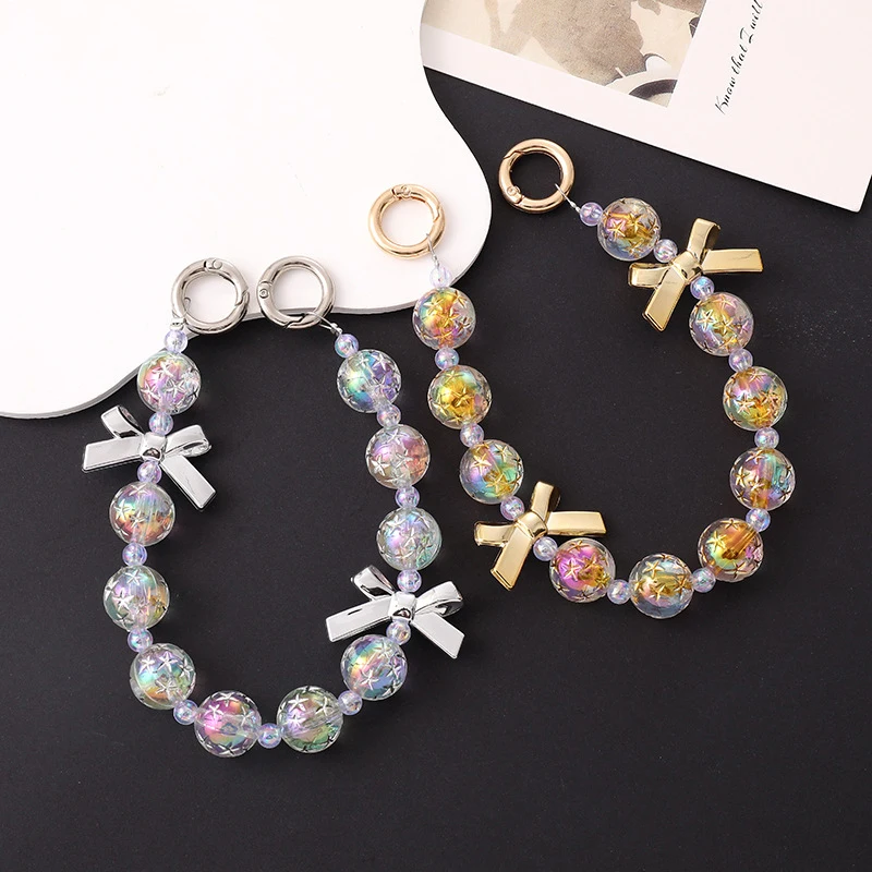 Starry Sky Beaded Gold-plated Bow Mobile Phone Chain Anti-Lost Phone Lanyard Pendant Keychain Bag Chain Earphone Camera Chain