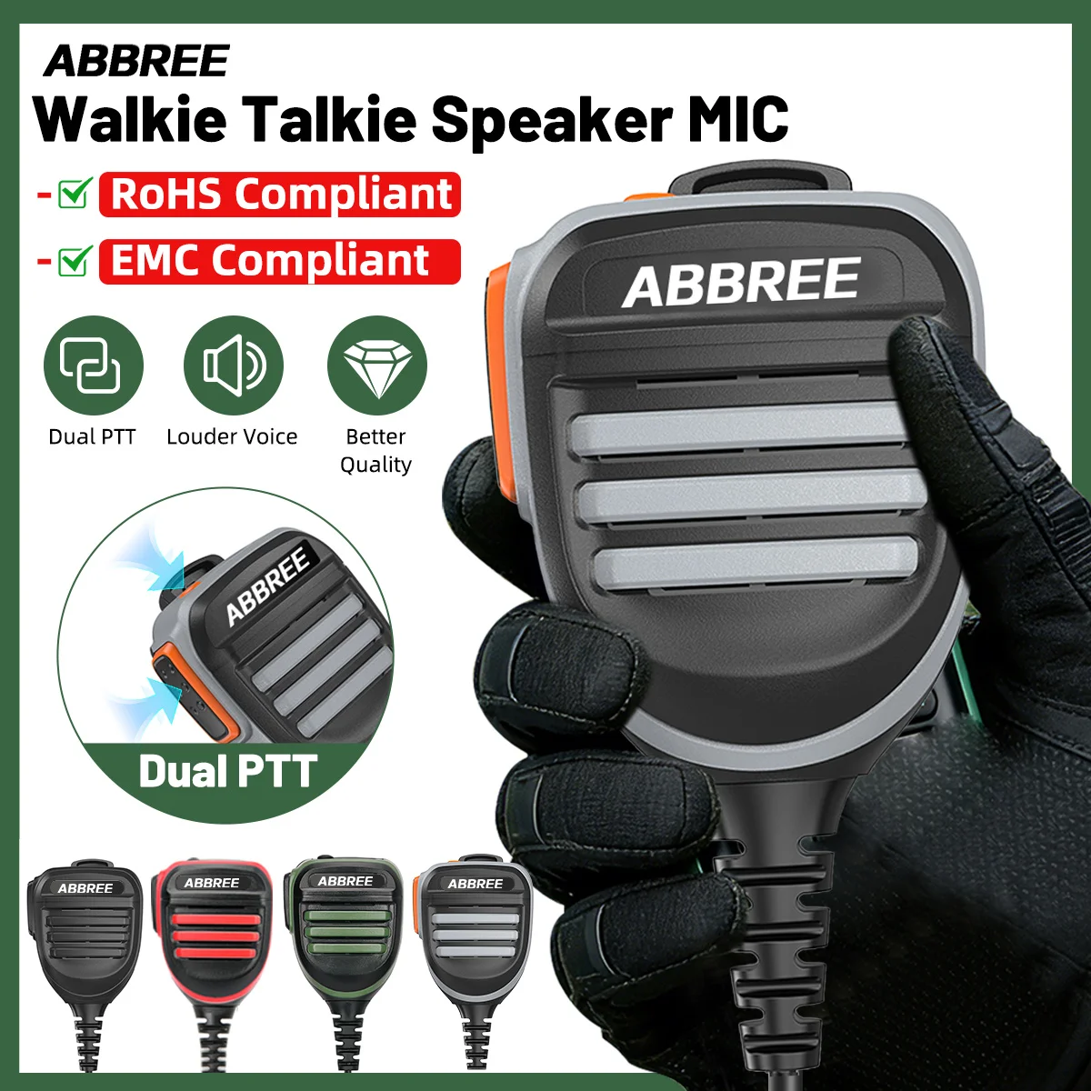 ABBREE AR-780 2 Pin PTT  Waterproof Speaker Microphone For UV-5R UV-21 UV17 Two Way Radio QuanSheng UV-K5 UV-K6 UV-5RH 21 17 PR