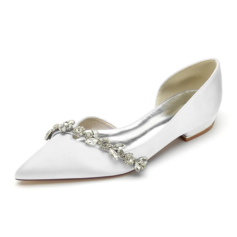 Satin Rhinestones Wedding Shoes Flat for Bride Pointed Toe Slip on Prom Evening Formal Party Women Dress Flats