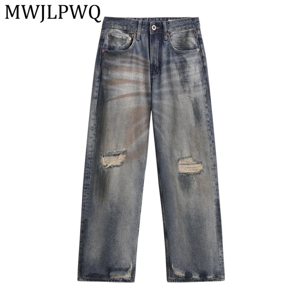 

MWJLPWQ Ripped Distressed Straight-Leg Jeans Men's Graffiti Ink Splatter Gradiet Wash Punk Style Loose Casual Pants Autumn 16193