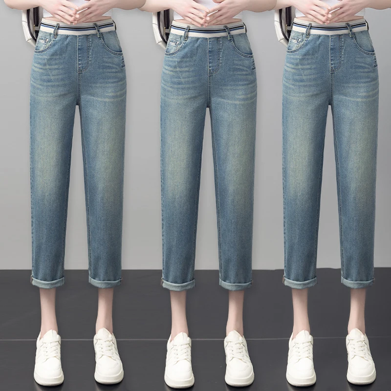 

Women's summer thin harem jeans with elastic waist, loose fit, cropped length, suitable for petite figures, carrot-style dad jea