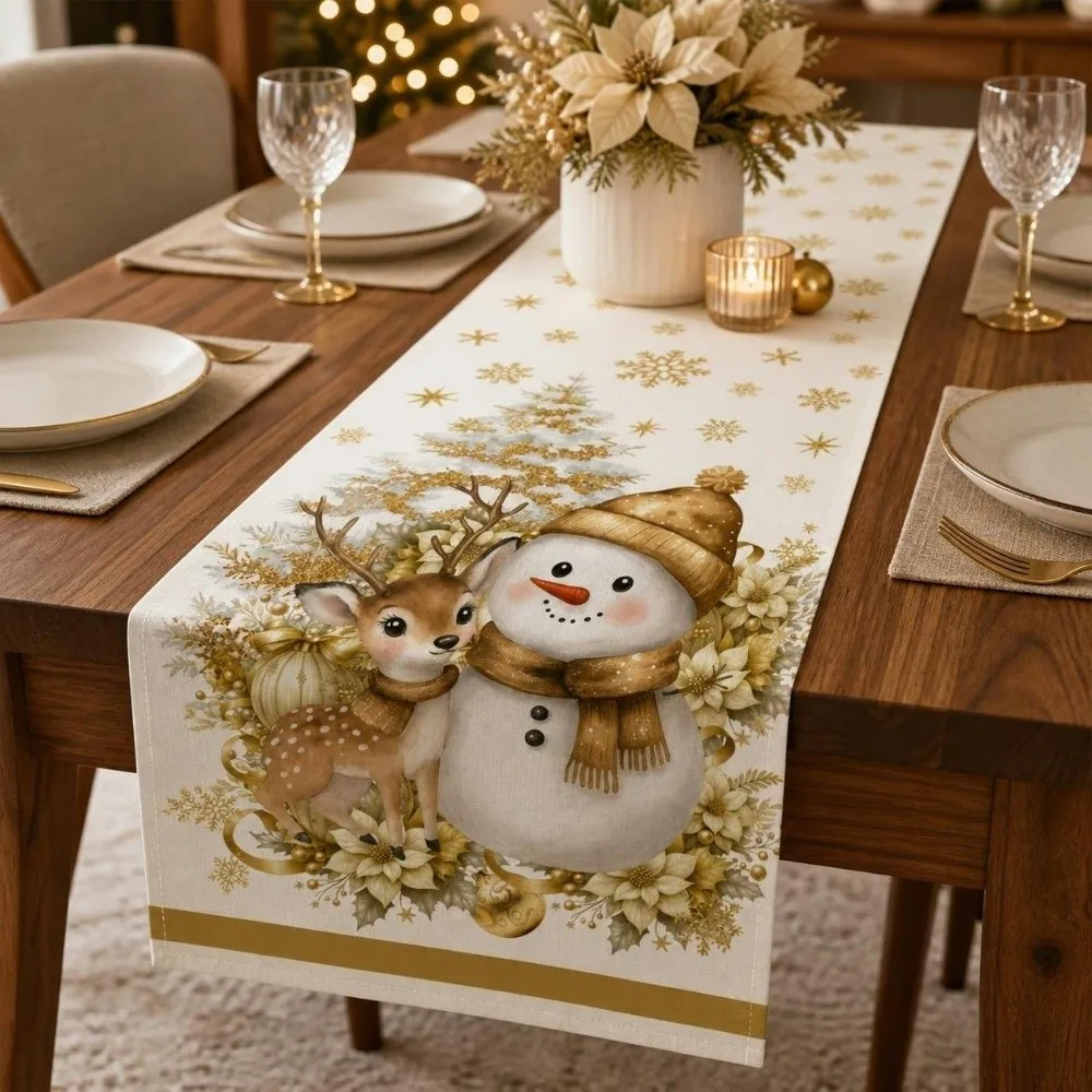 Santa Snowman Christmas Table Runner Reindeer Tabletop Decoration Christmas Tablecloth Flower Vintage Poinsettia Table Runner