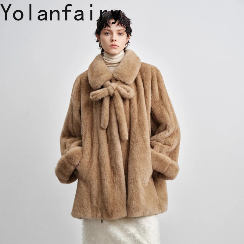 

YOLANFAIRY зимняя женская шуба среднего стиля из импортного норкового меха с рукавами тыквы, юбка, литье меха шуба женская 2025