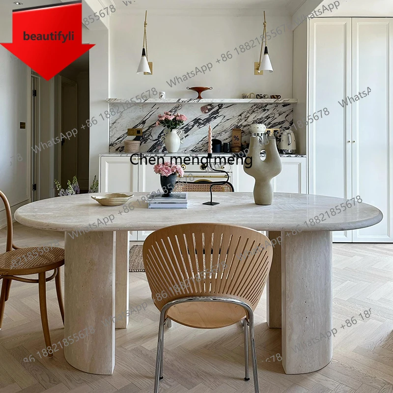 

PP Wabi-sabi style natural travertine dining table round marble dining table luxury stone vintage round table
