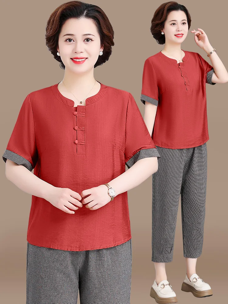 

Faionable Summer Outfit Set for Middle-Aged Women Cotton Linen ort Sve Plaid Two-Piece Set round Ne Button Detail Lo...