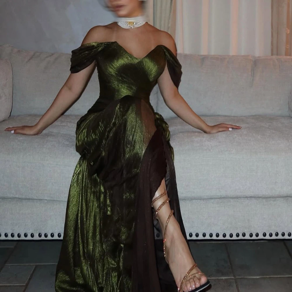 Robes de soirée en satin vert personnalisées, robes de soirée classiques à épaules dénudées, robes d'occasion spéciale de haute qualité