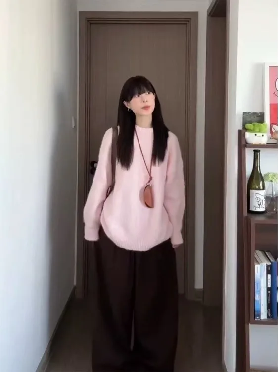 

Korean Sle Loose Fit Long Sve round Ne Knitted Sweater Women's Soft Cozy Autumn Faion Sweet Sle Pure Color