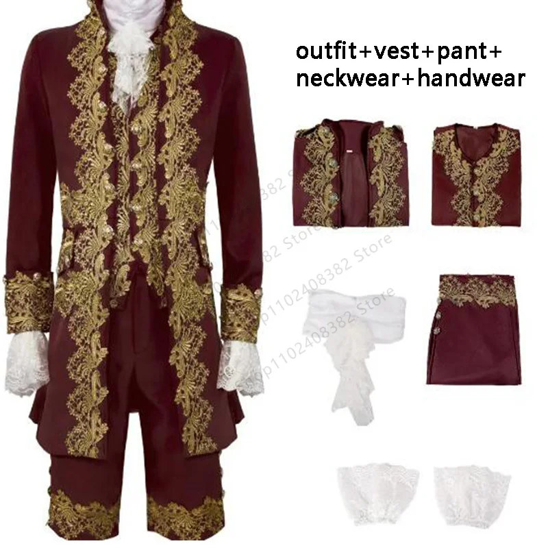 European Medieval King Prince Christmas Costume Style Embroidery Jacket Blazer Pants Jabot Tie Set Deluxe Stage Cosplay Suit