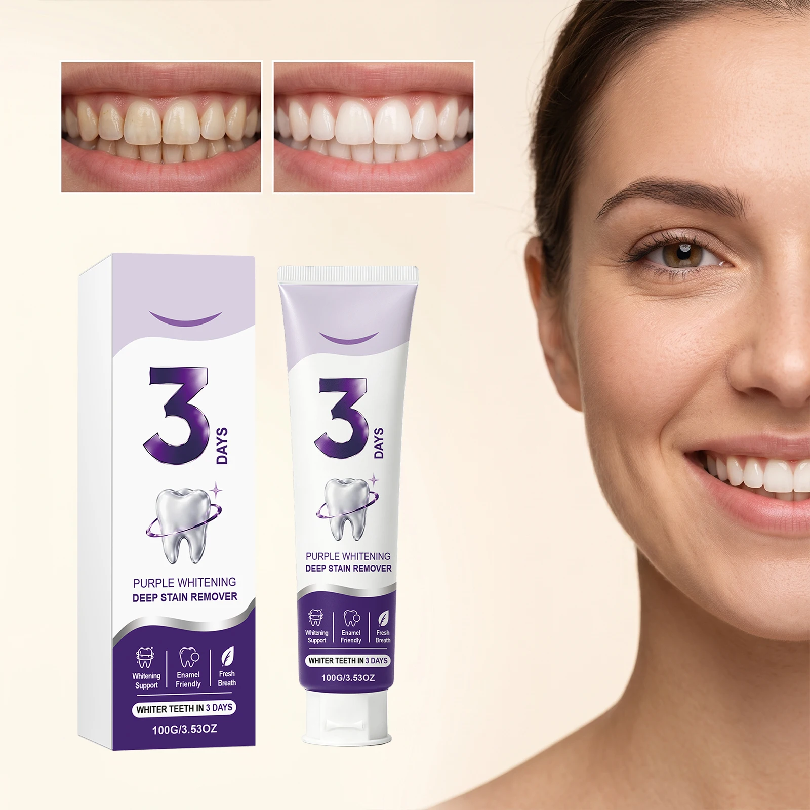 Purple Whitening Toothpaste Deep Stain Removal Brighten Yellow Teeth Color Correction Formula Fresh Mint Breath Home Dental Care