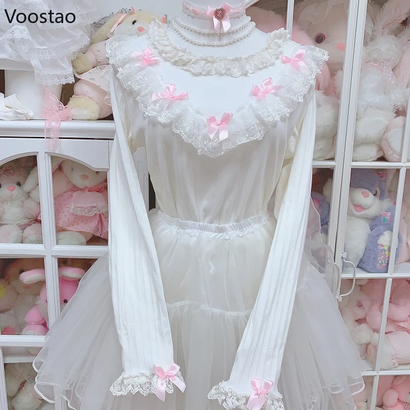 Vintage Sweet Lolita Style Knitted Pullover Spring Women Cute Lace Ruffles Bow Sweater Autumn Girls Harajuku Knitwear Tops 2024