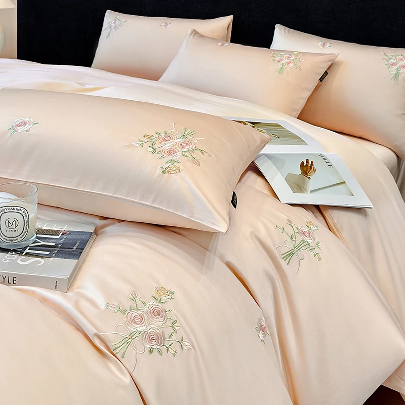 Chic Flowers Embroidery 100% Cotton Luxury Simple Solid Color Bedding Set Duvet Cover Flat/Fitted Bed Sheet Pillowcases 4Pcs