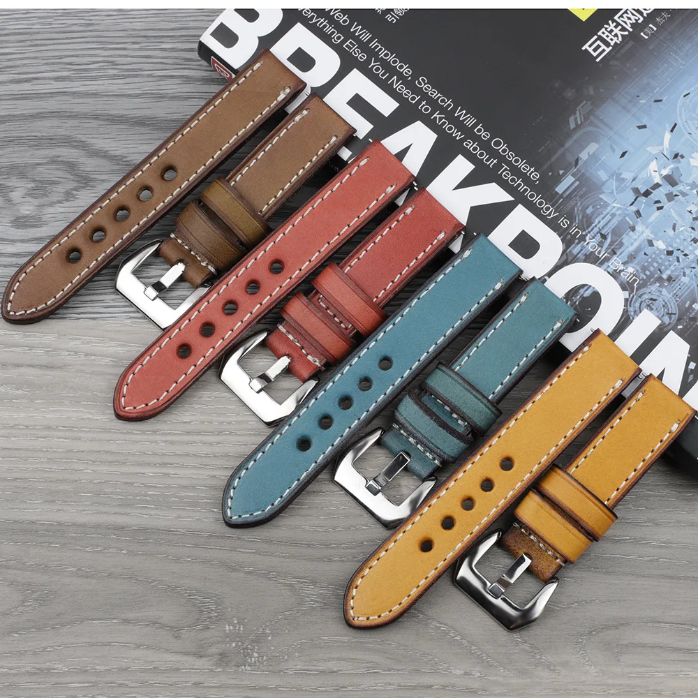 Vintage Leather Watch Strap Handmade Watchband Replacement Bands for Men Watchwrist Bracelet with Metal Buckle 20mm 22mm 24mm