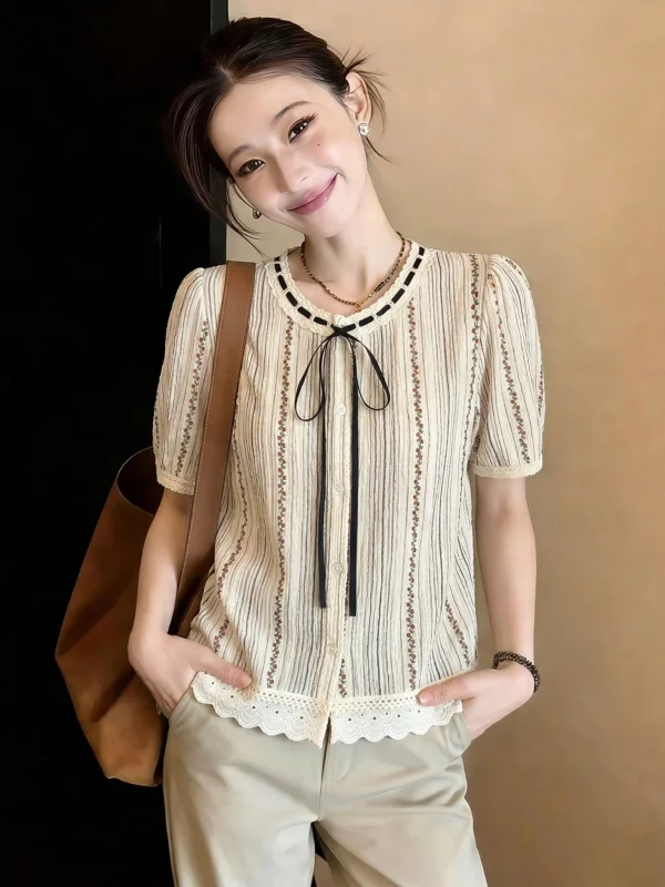 Cute Striped Short Sleeve Shirt Women's Korean Style Loose Fit Doll Top Vintage Ageless Summer 2026 New plus Size Fashion