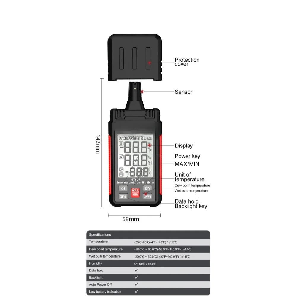 HT607 ABS Black Digital Temperature and Humidity Meter 14.2 x 5.8 cm with Backlight for Easy Reading in Any Light