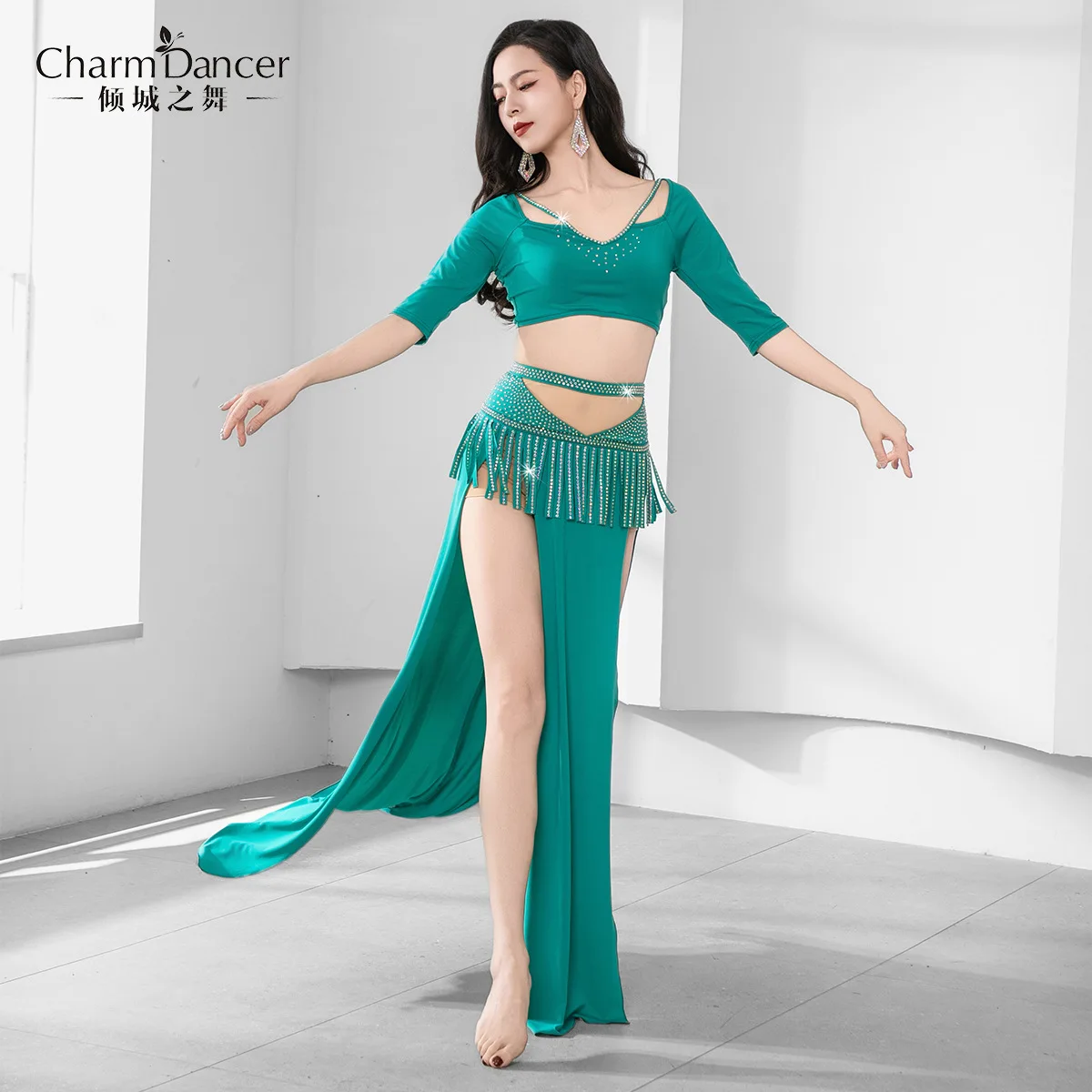 Vêtements de spectacle de danse du ventre pour adultes, vêtements de cours, Costume Oriental, haut à franges, jupe longue, ensemble vert Rose rouge, tenue de fête sur scène