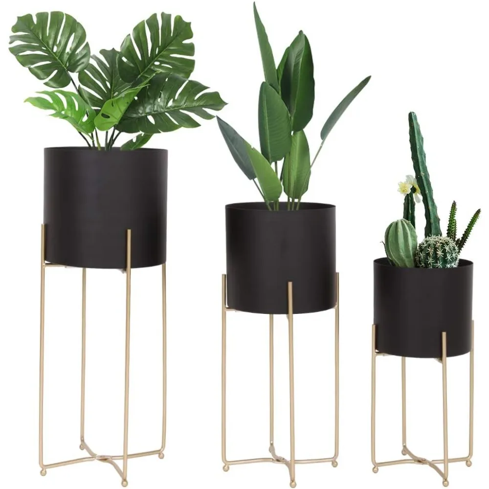 

Sinolodo Mid Century Planter with Gold Plant Stand, 3 pcs Modern Planters for indoor Plants, Metal Floor Planter Set