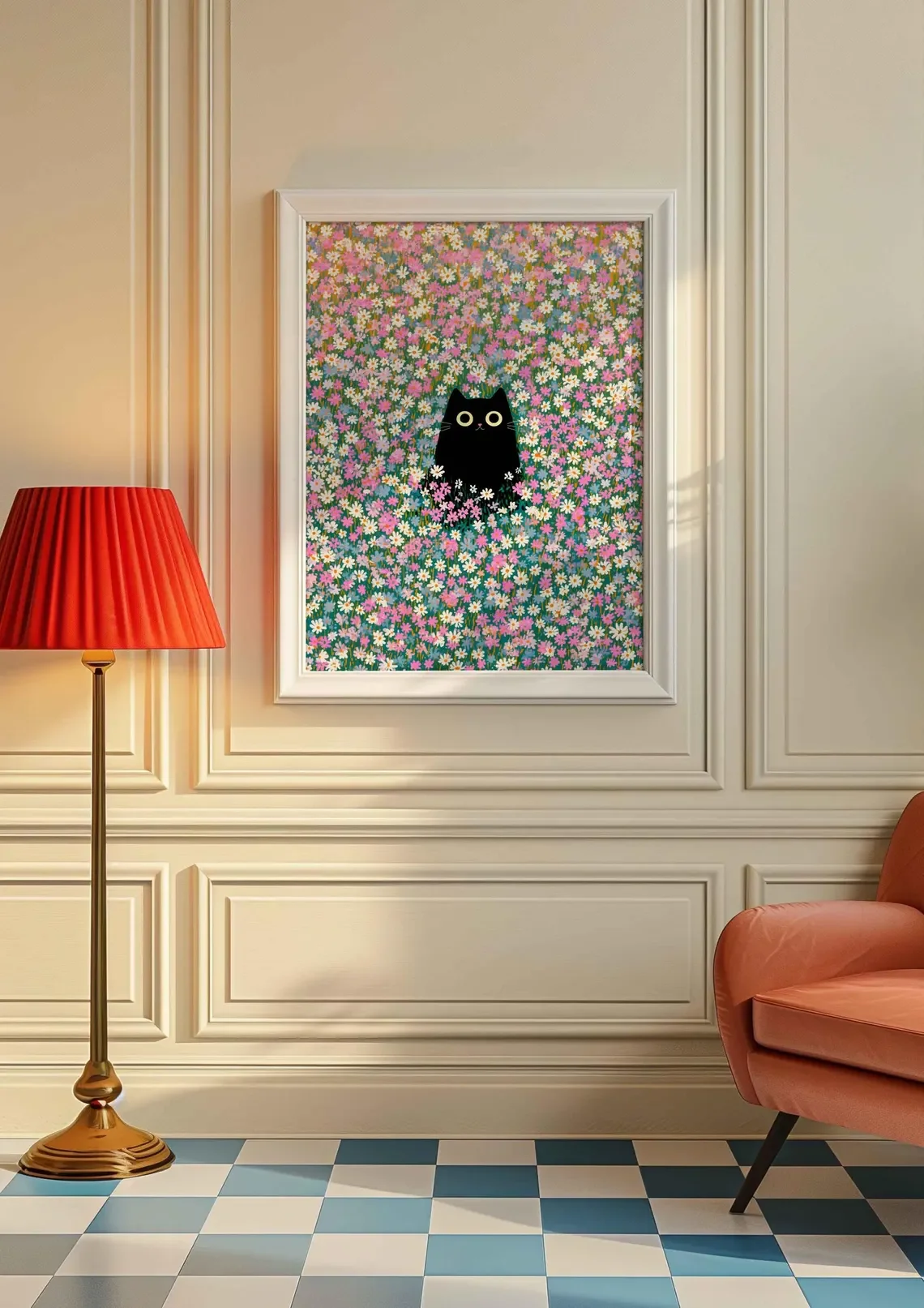 Poster „Schwarze Katze in einem Meer aus Blumen“ Niedliches Katzenbild im Blumenstil Kawaii-Katzen-Dopamin-Dekorationskunst für Katzenliebhaber
