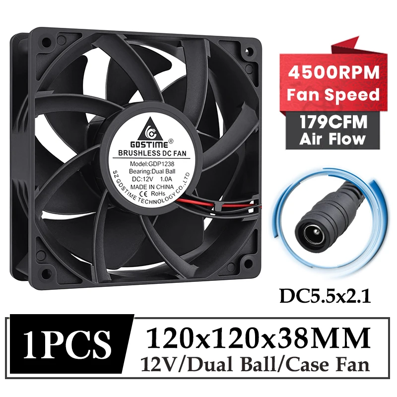 Gdstime 120MM Server Case Fan 120*120*38MM B rushless Cooing Fan 12038 Dual Ball High Speed 4500RPM DC Plug Cooler Adjustable