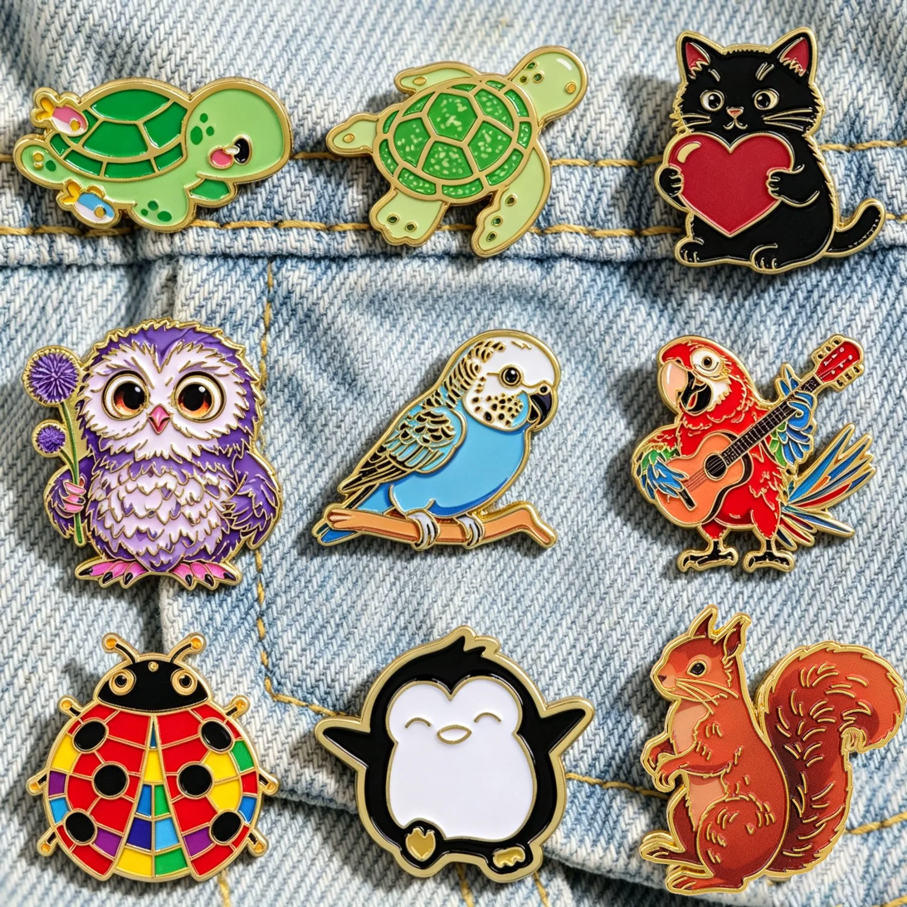 Cartoon Animal Enamel Pins Lovely Turtle Cat Owl Parrot Penguin Squirrel Lapel Brooch Metal Badge Backpack Jacket Decor Jewelry