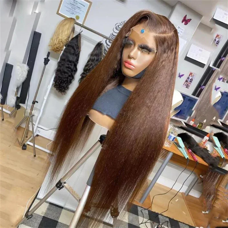 Yaki Kinky Straight Lace Front Wig com cabelo de bebê para mulheres, macio, longo, marrom, resistente ao calor, pré-arrancado, diariamente, 180 Densidade, 26"