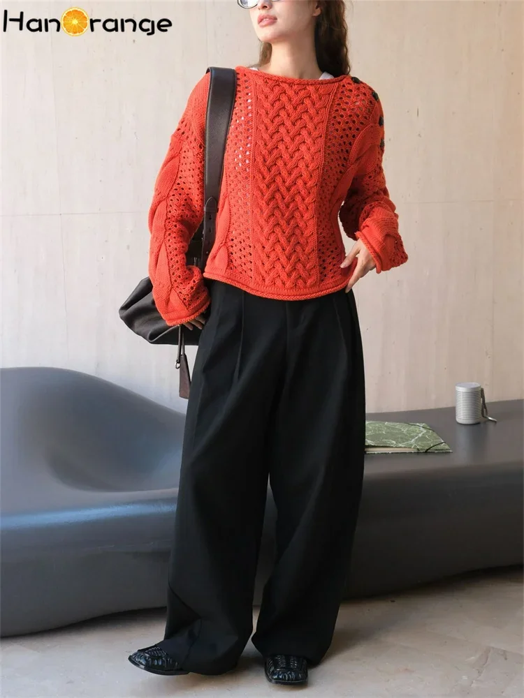 HanOrange 2024 Autumn Retro Button Hollow Twisted Sweater Women Loose Short Top Orange Red/Purple