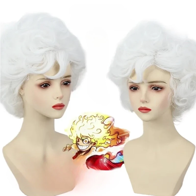 

Luffy Gear 5 Nika Form One Piece Cosplay Wig White Fluffy Curly Afro Hair Sun God