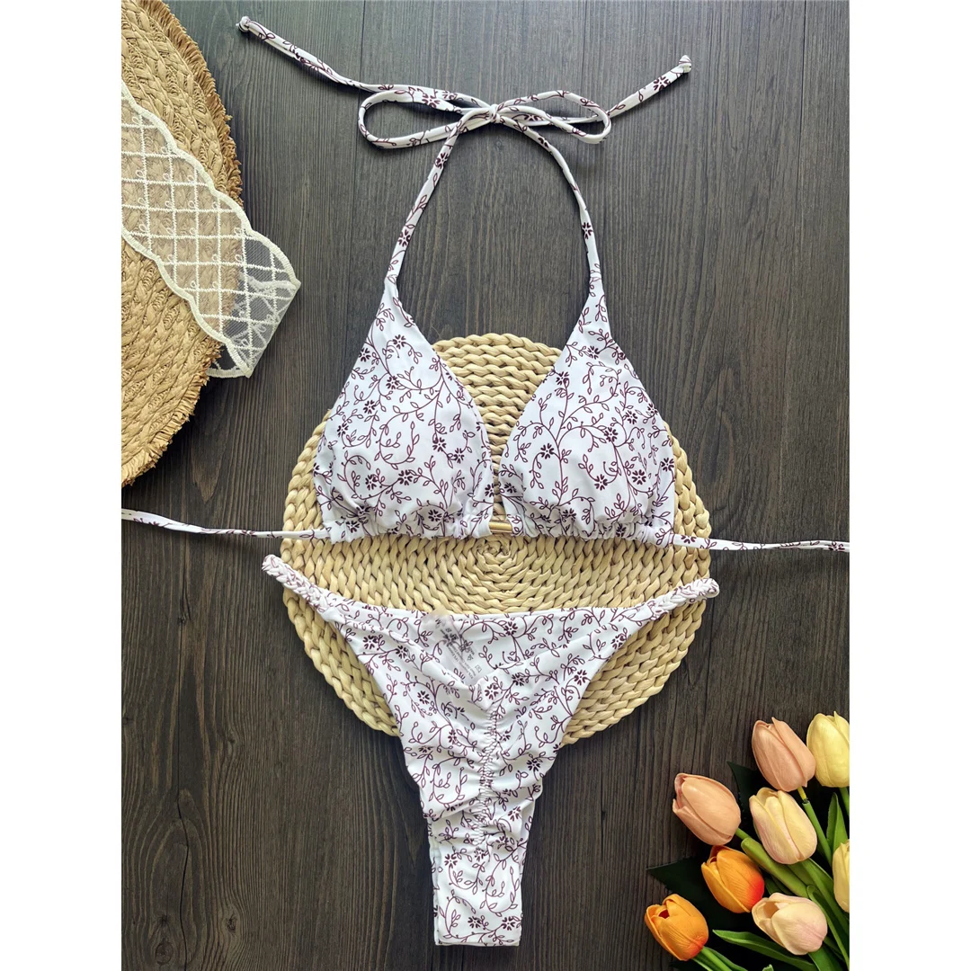 Leopard-Print-Bikini mit Neckholder und Scrunch-Design, Damen-Badeanzug, zweiteiliges Bikini-Set, Badebekleidung, Badeanzug, Modell V6065. – Detail 7