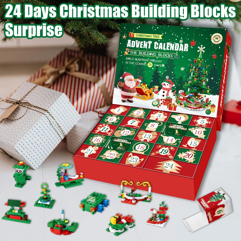 WizKidz Christmas Tree Building Blocks for Kids & Families 24 - Days of Holiday Surprises DIY Festive Decoration Rotating Base